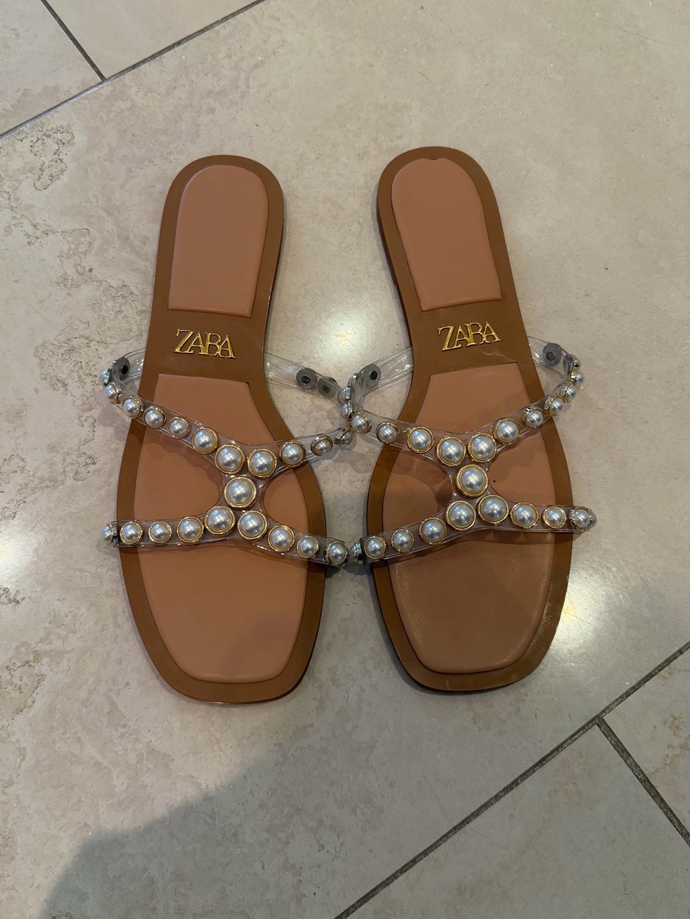 ZARA Tan Slide Sandals with Pearl-Trim Clear Straps